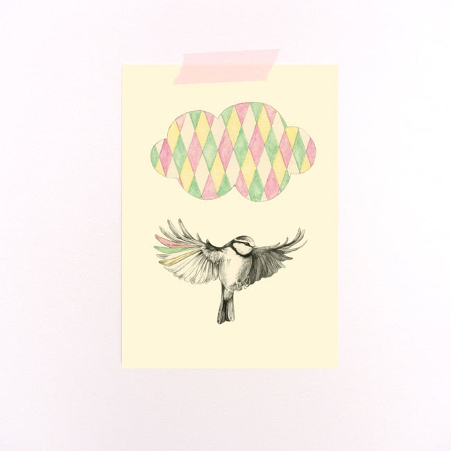 Carte postale oiseau et nuage + enveloppe
