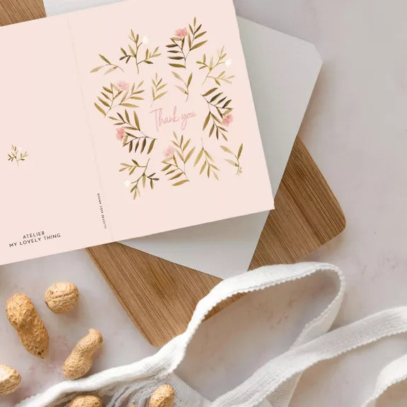 Carte double "Thank You Rose Fleurs" avec enveloppe