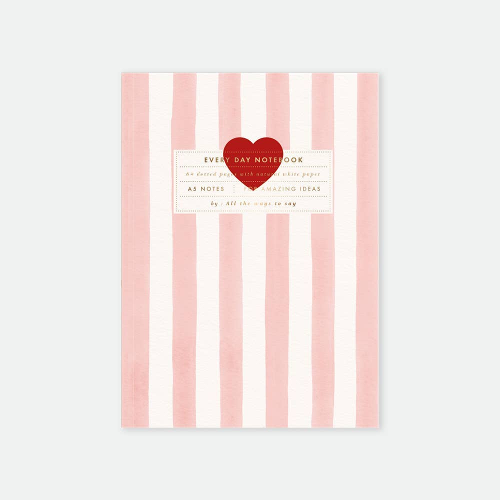 Carnet à rayures roses et blanches joli cœur rouge