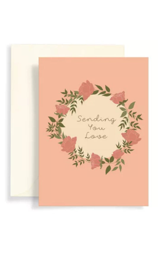 Carte double corail sending you love avec couronne fleurie