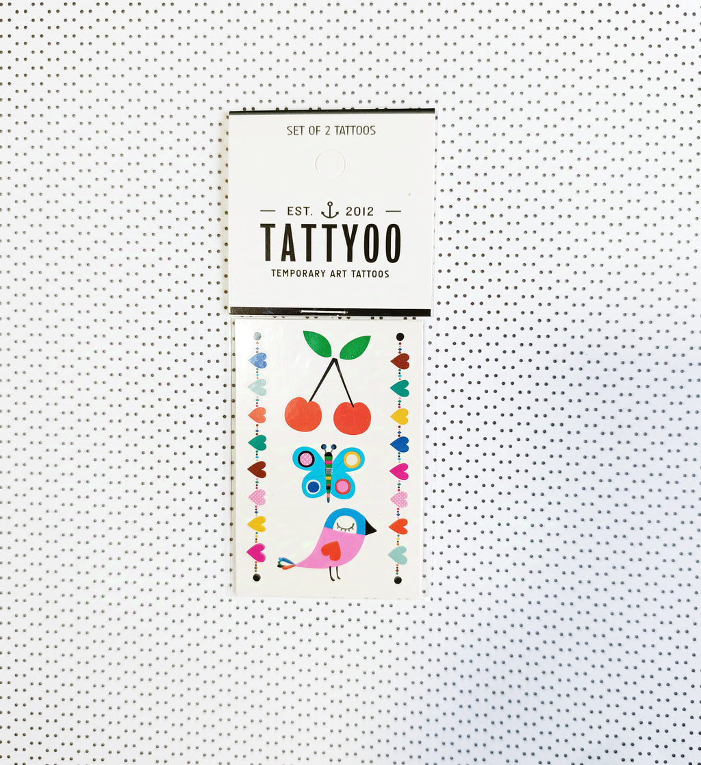 Tatouages éphémères - oiseau, papillon, cerise et coeur