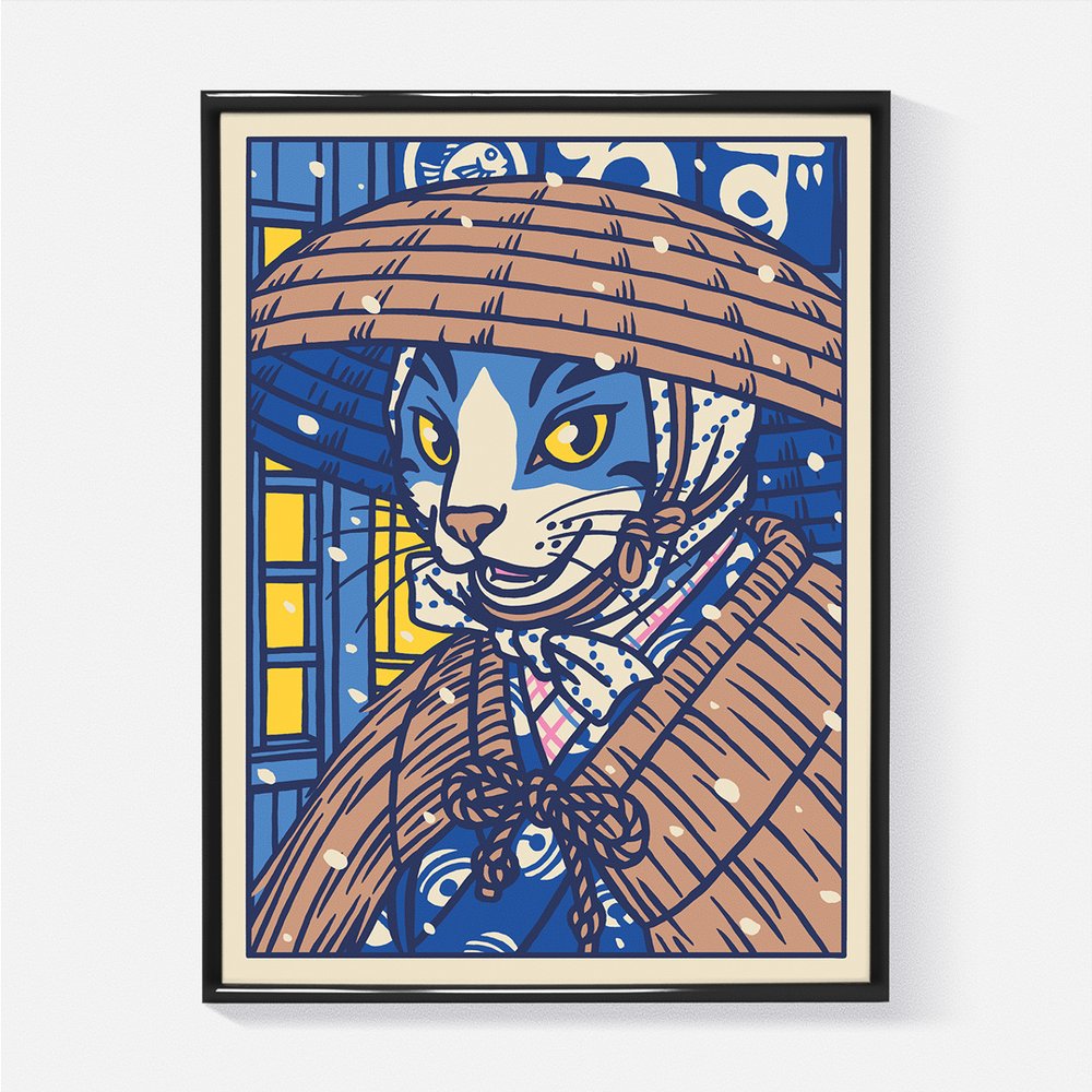 Affiche "Chat quittant un restaurant sous la neige" A4