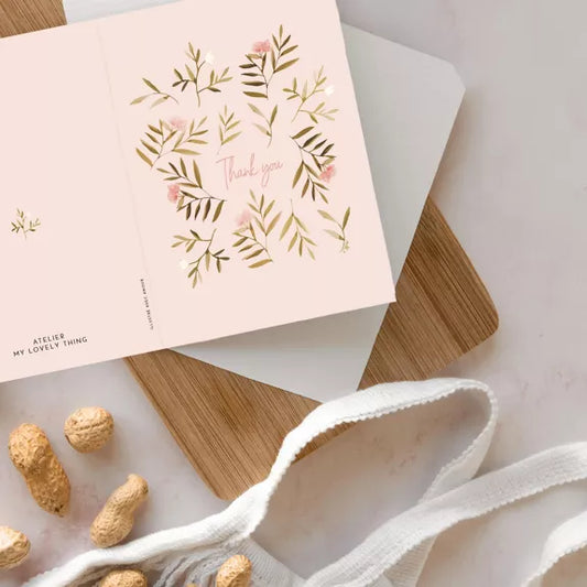 Carte double "Thank You Rose Fleurs" avec enveloppe