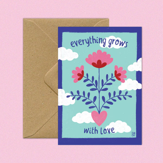 Carte postale "Everything grows with love" + enveloppe